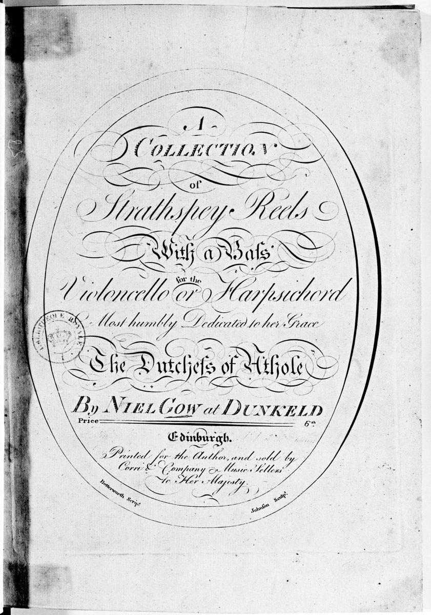 Engraved title page of Niel Gow's A Collection of Strathspey Reels, with flourished lettering inside an oval